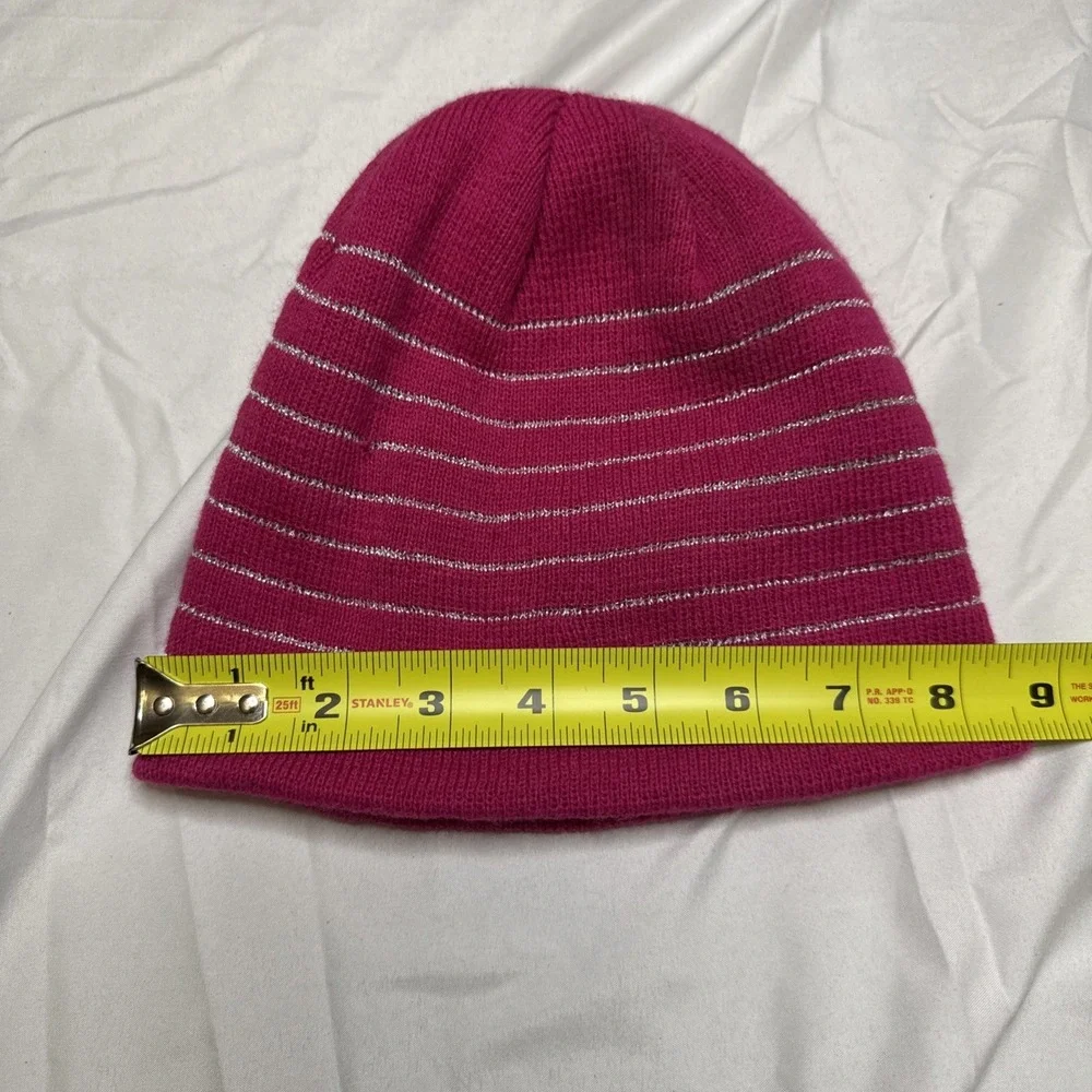 Gerry Magenta Pink Silver Metallic‎ Striped Knit Beanie Winter Hat Womens Mens